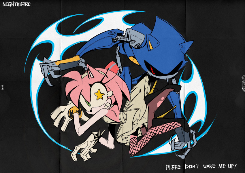 1boy, 1girl, amy_rose, animal_nose, armor, asymmetrical_legwear, bare_back, black_footwear, blue_armor, bracelet, brown_pantyhose, claws, dodging, dress, fishnet_thighhighs, fishnets, gloves, green_eyes, hairband, hedgehog_ears, hedgehog_girl, highres, jewelry, long_eyelashes, metal_sonic, mojunpwo, pantyhose, pink_fur, pink_hair, red_eyes, robot, short_hair, single_leg_pantyhose, sonic_(series), spiked_bracelet, spikes, star-shaped_pupils, star_(symbol), symbol-shaped_pupils, teardrop, thigh-highs, white_dress, white_gloves, white_hairband
