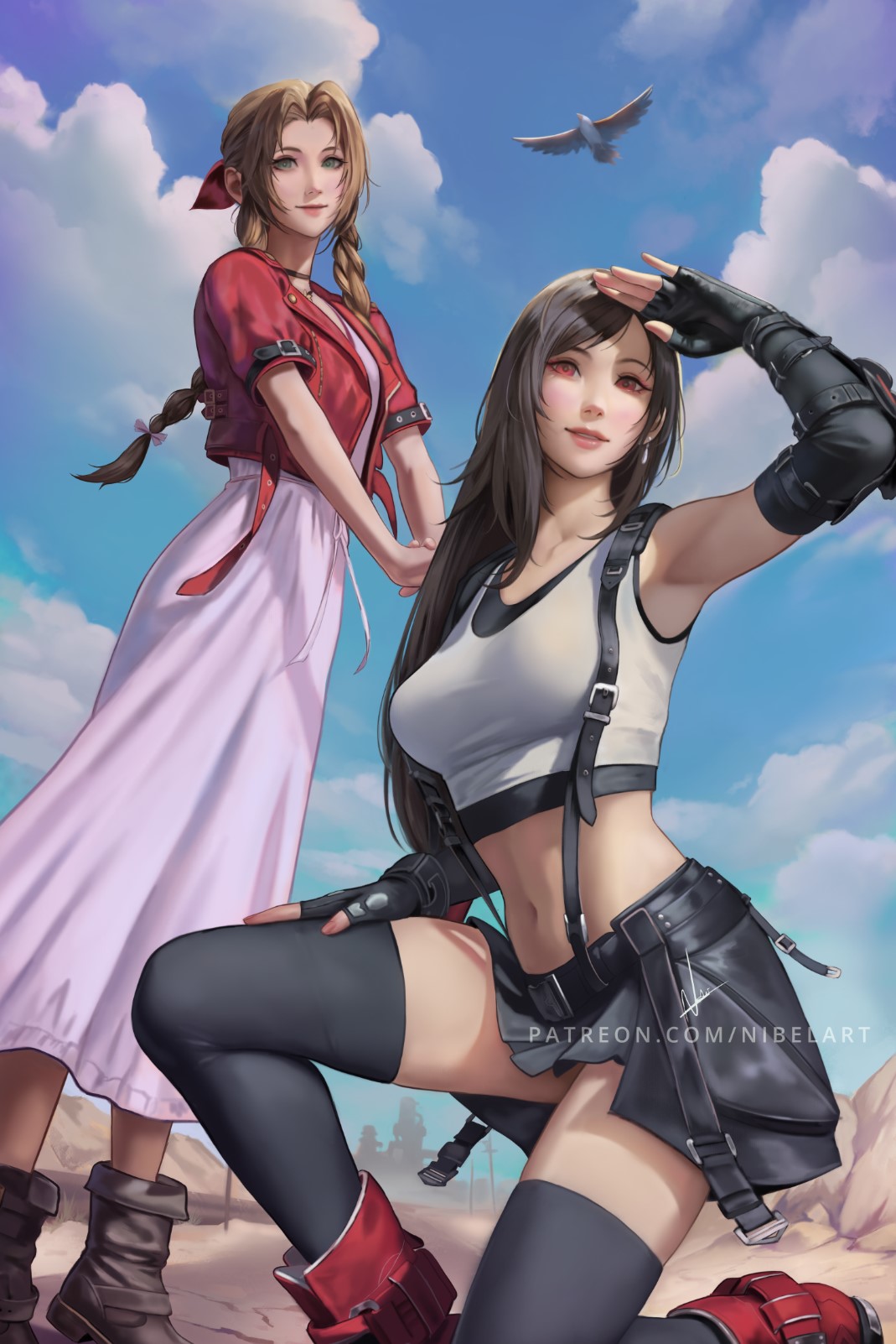 2girls, aerith_gainsborough, armpits, bird, black_bra, black_choker, black_gloves, black_hair
