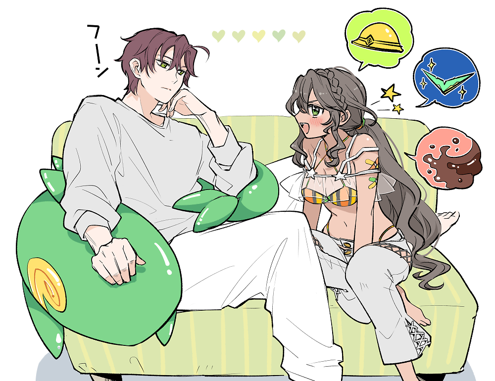 1boy, 1girl, andromeda_(fate), andromeda_(second_ascension)_(fate), barefoot, bikini, brown_hair, casual, chocolate, couch, fate/grand_order, fate_(series), green_eyes, hard_hat, heart, helmet, inflatable_toy, inflatable_whale, kurusu_piyo, long_hair, navel, on_couch, pants, perseus_(fate), sitting, spoken_object, striped_bikini, striped_clothes, swimsuit, vertical-striped_bikini, vertical-striped_clothes