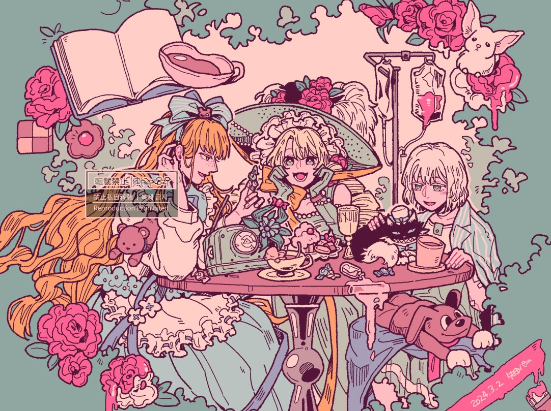 3girls, :d, adjusting_hair, apron, artist_name, baby_blue, bare_shoulders, blonde_hair