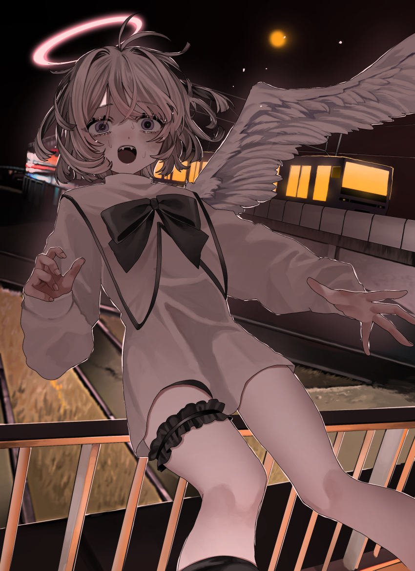absurdres, angel_wings, black_bow, black_bowtie, bow, bowtie, commentary_request, falling