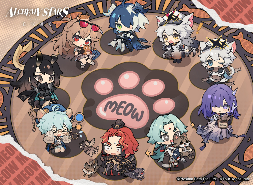>_<, 3boys, 6+girls, alchemy_stars, animal, animal_ears, basket, black_hair
