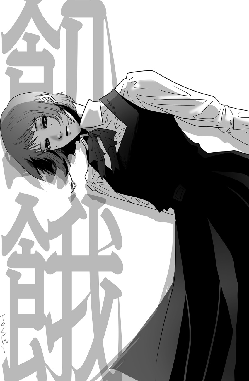 1girl, bent_over, chainsaw_man, commentary_request, dress, earrings, fami_(chainsaw_man), fourth_east_high_school_uniform