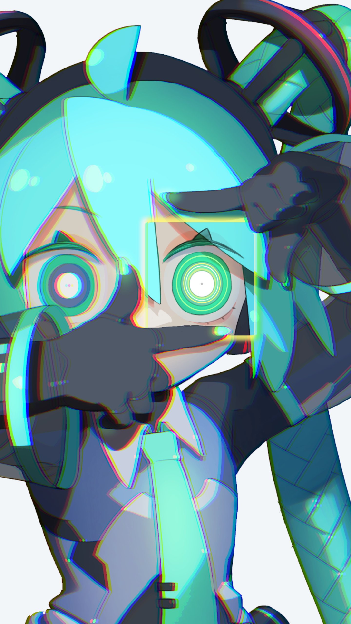 1girl, absurdres, ahoge, android, aqua_hair, aqua_necktie, cheri_zao, detached_sleeves, finger_frame, green_eyes, hatsune_miku, highres, necktie, ringed_eyes, robot_girl, simple_background, solo, twintails, upper_body, vocaloid, white_background