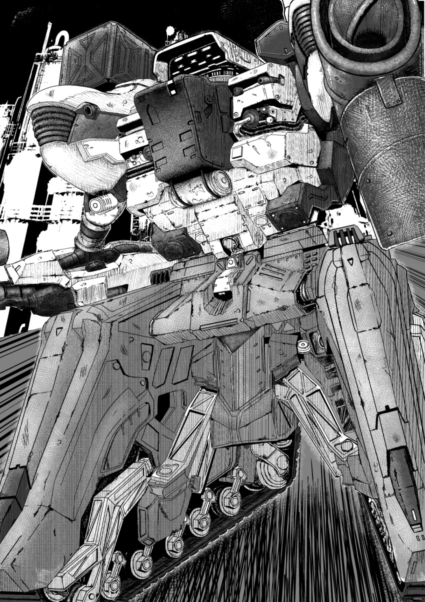 armored_core, armored_core_6, caterpillar_tracks, chatty_stick, greyscale, gun, highres, holding