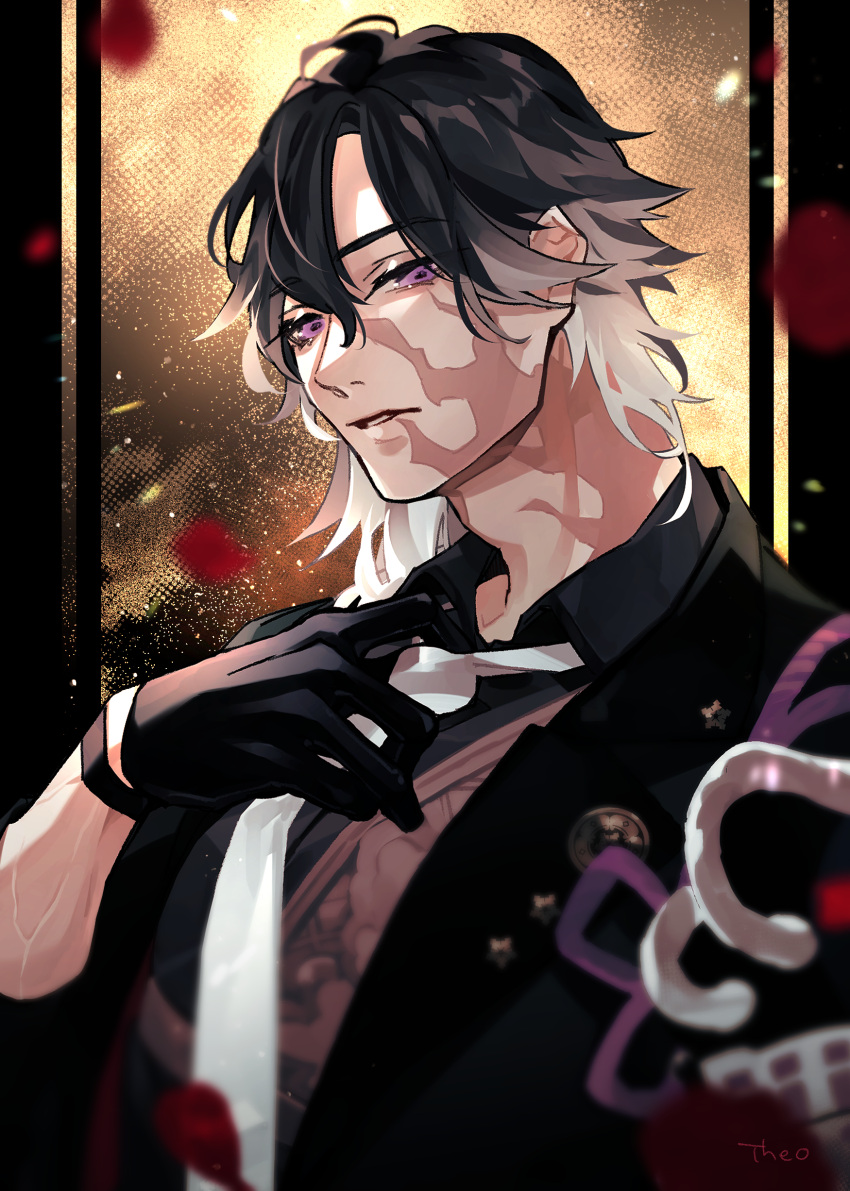 1boy, absurdres, adjusting_clothes, adjusting_necktie, armor, artist_name, black_border, black_coat