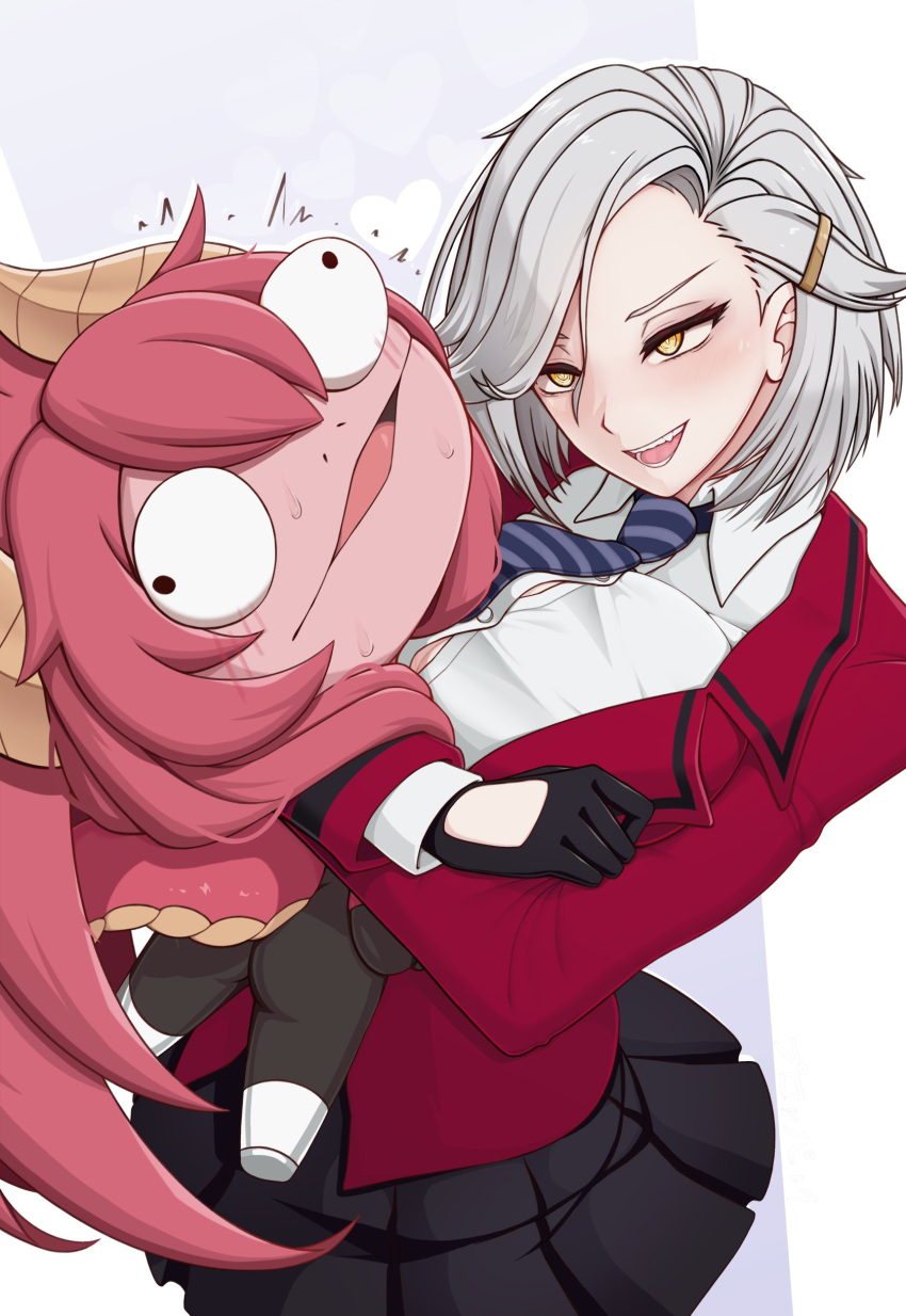 1girl, absurdres, black_skirt, blue_necktie, chibi, collared_shirt, gecko_zen, grey_hair, hair_ornament, hairpin, highres, jacket, looking_at_viewer, necktie, open_mouth, puroppa, red_jacket, shirt, skirt, smile, solo, virtual_youtuber, vshojo, white_background, white_shirt, yellow_eyes, zentreya, zentreya_(cyborg)