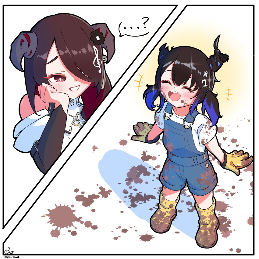 2girls, aged_down, asymmetrical_horns, black_hair, blue_hair, blue_overalls, blush, boots