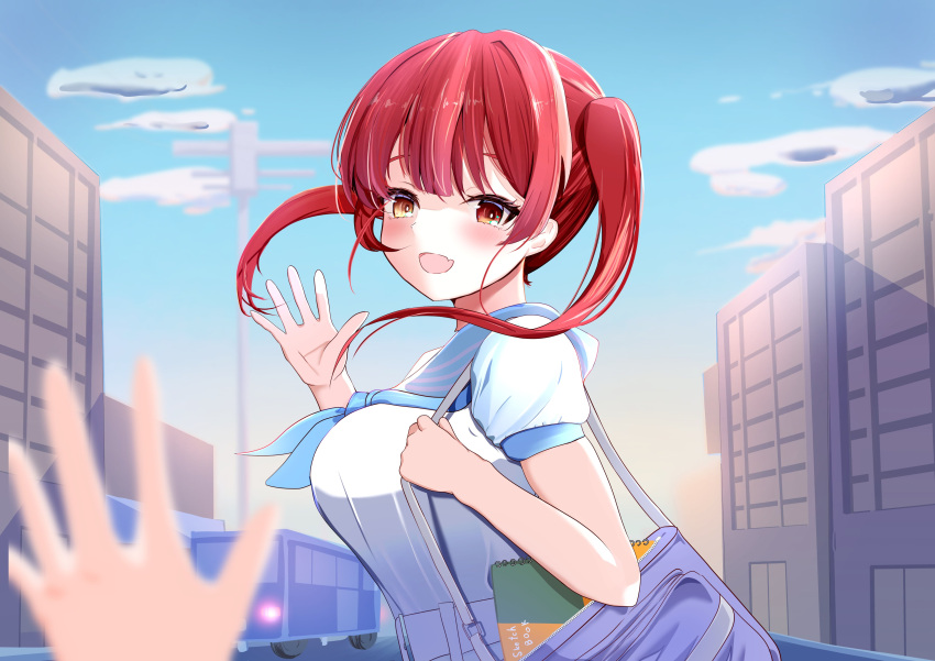 1girl, absurdres, asuka_kakizaki, bag, blue_sky, blush, clouds, fang, heterochromia, highres, holohoneygaoka_high_school_uniform, hololive, honeyworks, houshou_marine, long_hair, looking_at_viewer, open_mouth, redhead, school_bag, school_uniform, shirt, skin_fang, sky, smile, twintails, virtual_youtuber, white_shirt, yellow_eyes