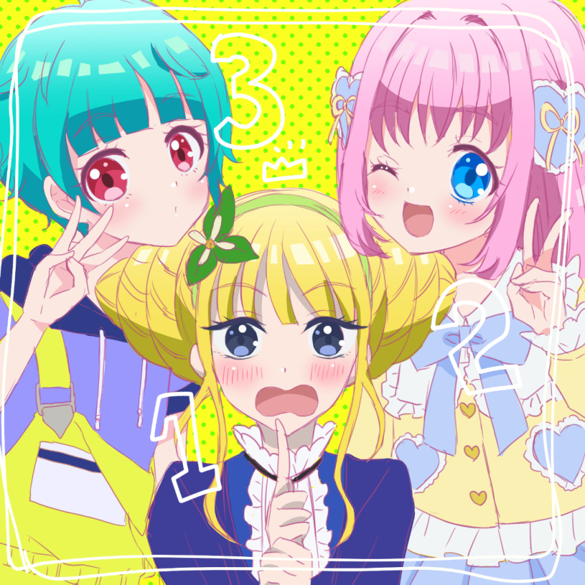 3girls, :o, amauri_miruki, blonde_hair, blue_eyes, blue_hair, blue_ribbon, blunt_bangs