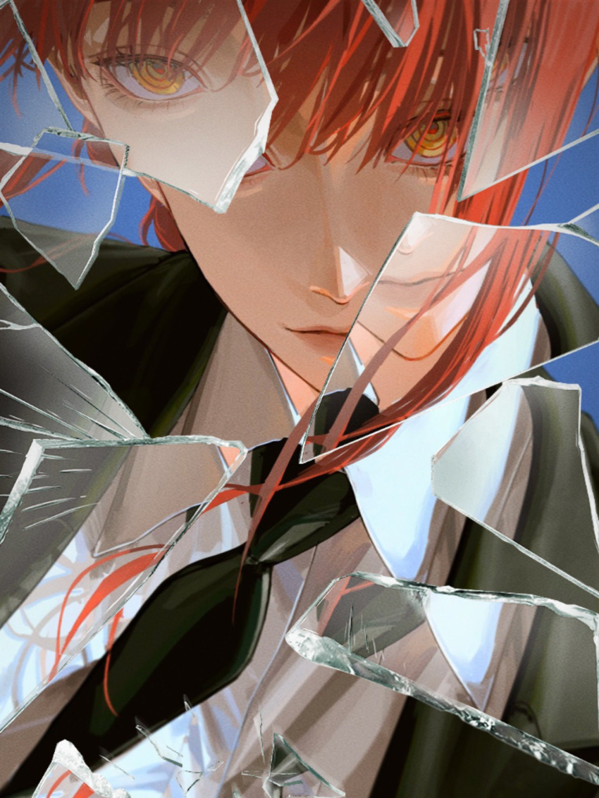 1girl, black_jacket, black_necktie, broken_glass, business_suit, chainsaw_man, closed_mouth, collared_shirt, formal, glass, highres, iamthekingofegg, jacket, long_hair, looking_at_viewer, makima_(chainsaw_man), necktie, open_clothes, open_jacket, redhead, ringed_eyes, shirt, solo, suit, white_shirt, yellow_eyes