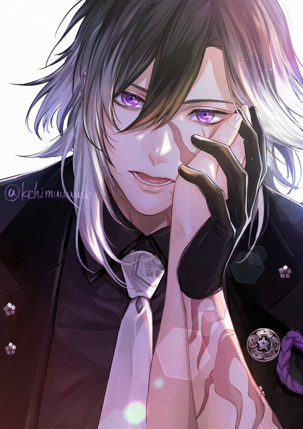 1boy, artist_name, asymmetrical_hair, black_coat, black_gloves, black_hair, black_shirt, burn_scar