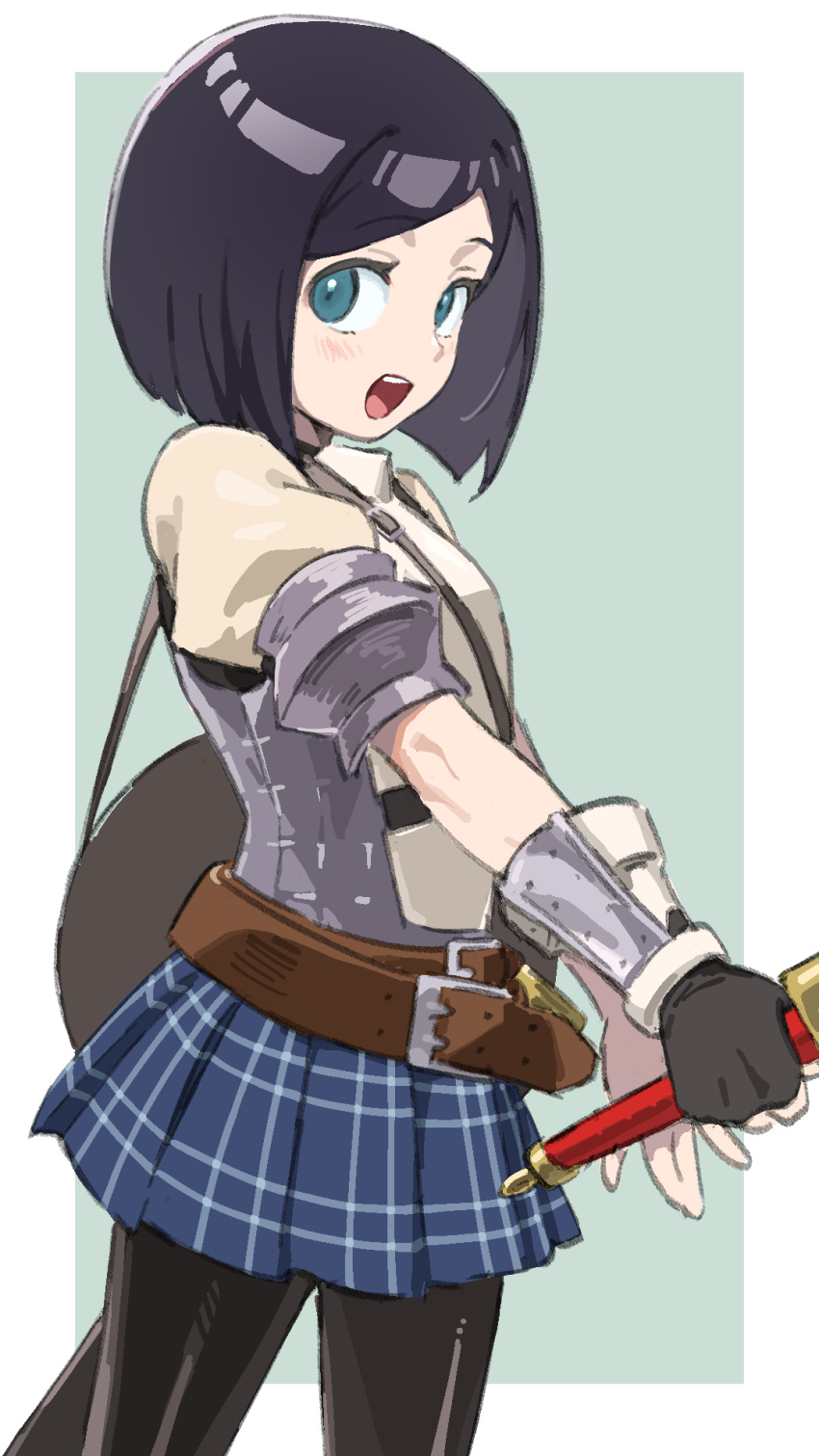 1girl, arm_armor, armor, belt, belt_buckle, black_hair, black_pantyhose, blue_eyes