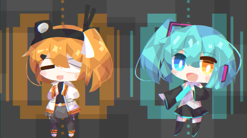 0001_(vocaloid), 2girls, a.i._voice, abstract_background, absurdres, adachi_rei, alternate_eye_color, alternate_hairstyle, bandage_over_one_eye, belt, black_pantyhose, black_shirt, black_sleeves, blue_eyes, blue_hair, blush_stickers, boots, chibi, closed_eyes, detached_sleeves, facing_viewer, full_body, grey_background, grey_skirt, hair_ornament, hair_ribbon, hairclip, hand_on_own_chest, hatsune_miku, headlamp, highres, jacket, long_sleeves, looking_at_viewer, medium_hair, missing_eye, multiple_girls, open_clothes, open_jacket, open_mouth, orange_belt, orange_eyes, orange_hair, pantyhose, pleated_skirt, radio_antenna, ribbon, shino8miya3, shirt, shoes, side_ponytail, skirt, sleeveless, sleeveless_shirt, smile, song_name, standing, thigh_boots, utau, vocaloid, white_jacket, white_ribbon