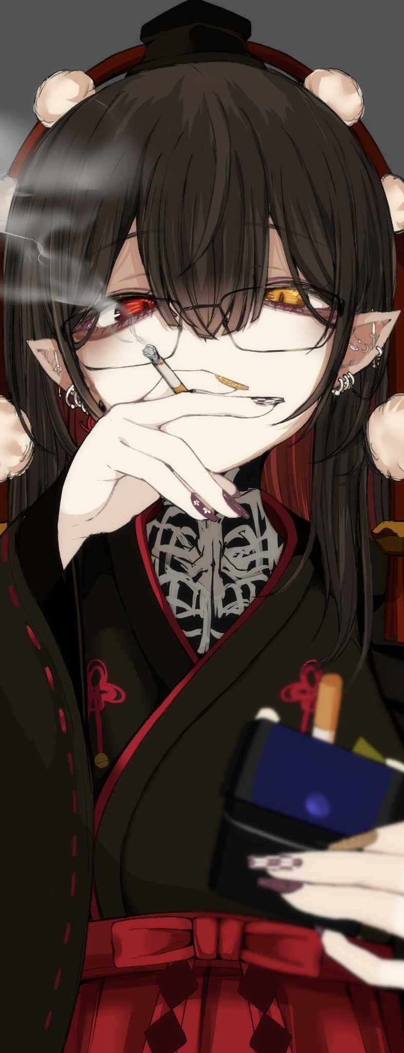 1girl, black_hair, black_kimono, cigarette, cigarette_pack, commission, ear_piercing, fingernails, glasses, hat, heterochromia, highres, japanese_clothes, kimono, long_fingernails, long_hair, looking_at_viewer, mushoku_loli, nail_art, original, piercing, pointy_ears, pom_pom_(clothes), red_eyes, skeb_commission, smoke, smoking, solo, tengu, tokin_hat, upper_body, vrchat, yellow_eyes
