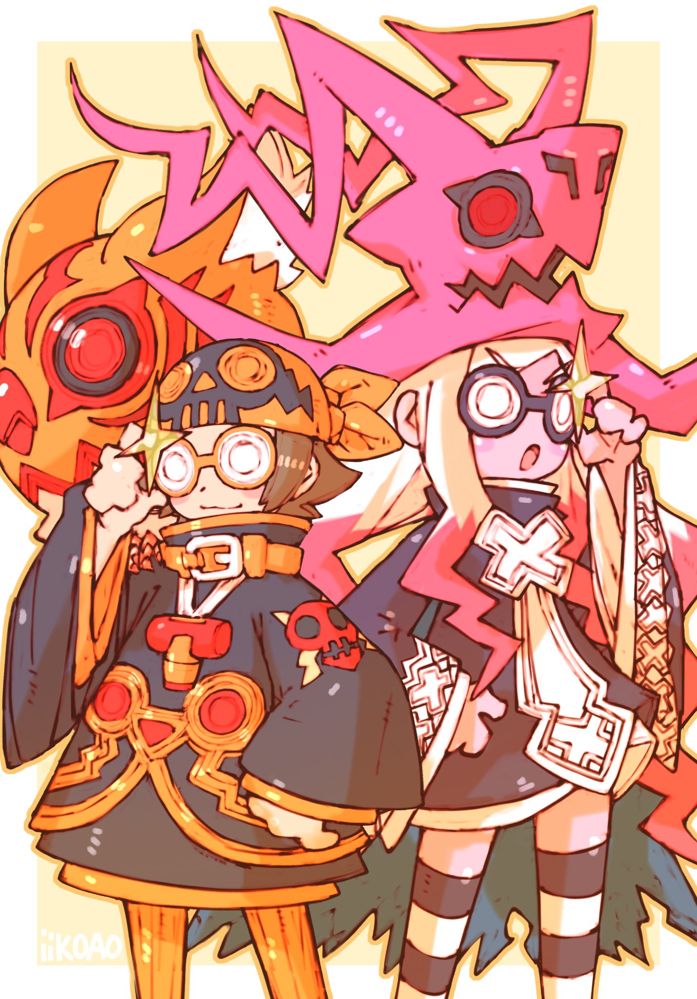 2girls, alba_(dmfd), bandana, black_dress, black_thighhighs, blush_stickers, brown_hair, dragon:_marked_for_death