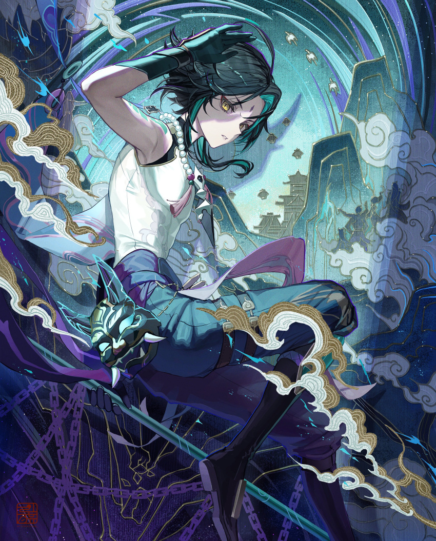 1boy, absurdres, ahoge, aqua_gloves, aqua_hair, architecture, arm_tattoo, arm_up