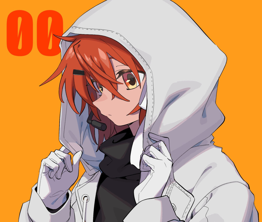 1girl, a.i._voice, adachi_rei, black_shirt, closed_mouth, gloves, hair_between_eyes, hair_ornament, hair_ribbon, hairclip, hands_up, headset, highres, hood, hood_grab, hood_up, hooded_jacket, jacket, long_sleeves, looking_ahead, medium_hair, open_clothes, open_jacket, orange_background, orange_eyes, orange_hair, ribbon, shirt, simple_background, solo, toyogaippai, turtleneck_shirt, upper_body, utau, white_gloves, white_jacket