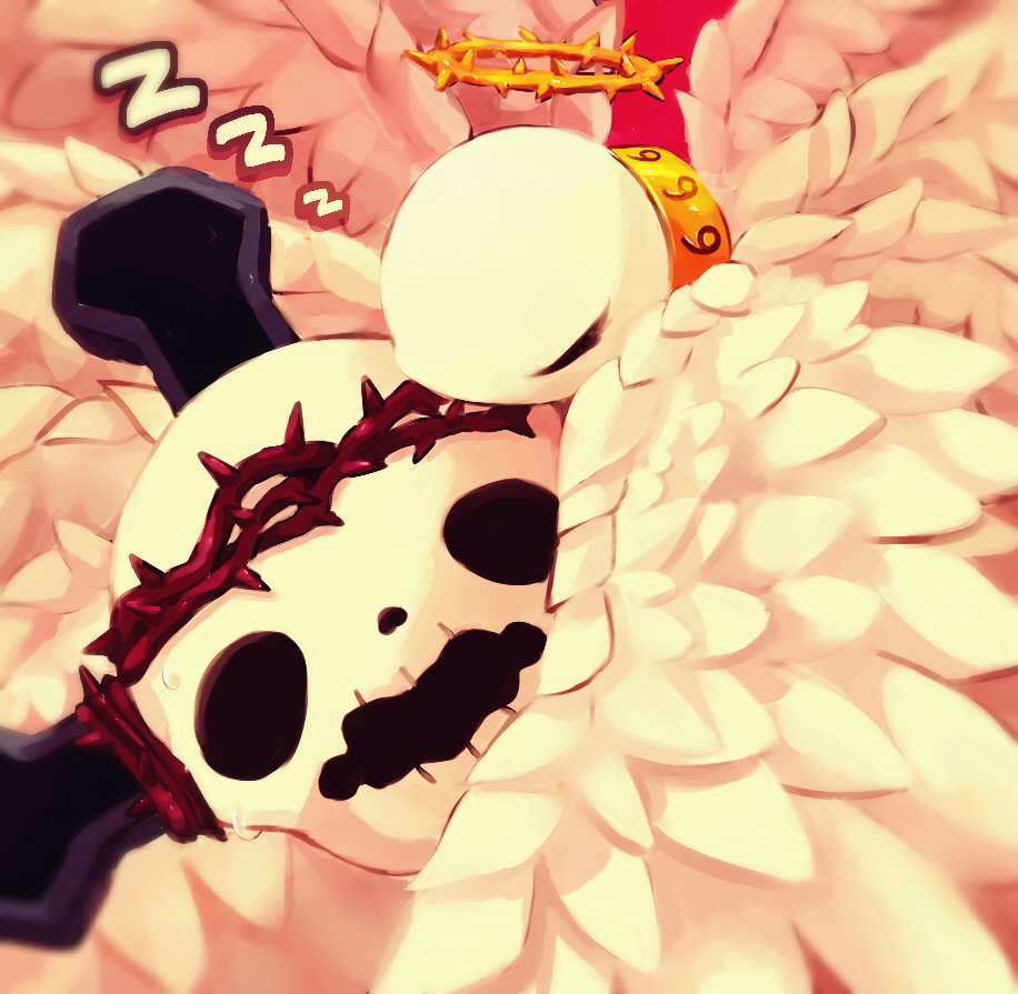 angel_wings, brown_headband, choker, closed_eyes, commentary_request, cross, crown_of_thorns, feathered_wings