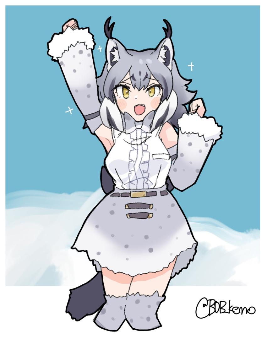 1girl, animal_print, arm_up, b0b_kemo, bare_shoulders, blush, bow, bowtie