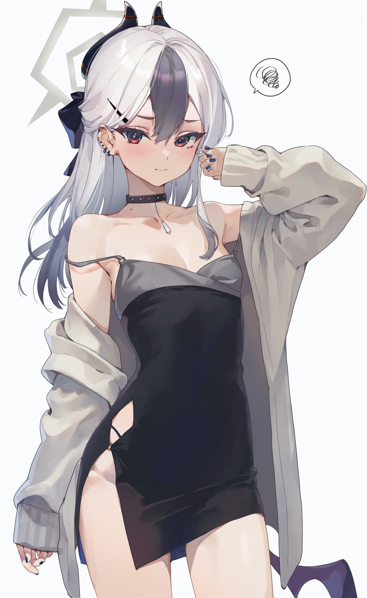 black_choker, black_dress, black_horns, blue_archive, choker, demon_horns, demon_wings, diamond_necklace
