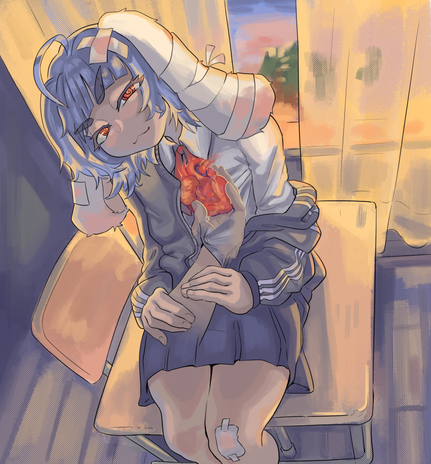 :3, @_@, absurdres, ahoge, animal_ears, bandage_on_knee, bandages, blouse, blue_hair, blue_skirt, blunt_bangs, classroom, curtains, desk, dutch_angle, heart, highres, holding, holding_another's_arm, holding_heart, indie_virtual_youtuber, jacket, light_blue_hair, looking_at_viewer, lop_rabbit_ears, off-shoulder_jacket, off_shoulder, on_desk, para_(vtuber), para_(vtuber)_(3rd_costume), pleated_skirt, rabbit_ears, rabbit_girl, red_eyes, shirt, short_hair, sitting, skirt, track_jacket, virtual_youtuber, white_shirt, window, yohkneesun