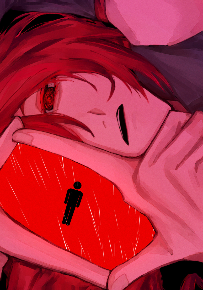 1girl, @_@, arm_up, black_shirt, colored_skin, drill_hair, finger_frame, frown