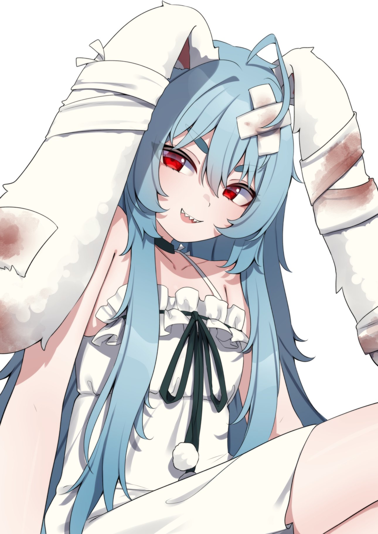 :d, ahoge, animal_ears, black_choker, black_ribbon, blue_hair, choker, dress, hair_between_eyes, highres, indie_virtual_youtuber, light_blue_hair, long_hair, lop_rabbit_ears, para_(vtuber), para_(vtuber)_(1st_costume), pom_pom_(clothes), rabbit_ears, rabbit_girl, red_eyes, ribbon, sharp_teeth, sidelocks, sitting, smile, spaghetti_strap, teeth, thick_eyebrows, valefal_coneri, very_long_hair, virtual_youtuber, white_background, white_dress