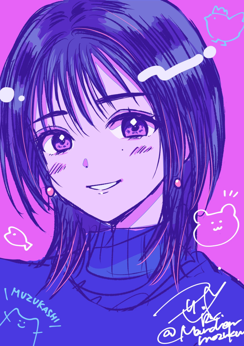 1girl, blush, choppy_bangs, commentary_request, earrings, highres, jewelry, looking_at_viewer