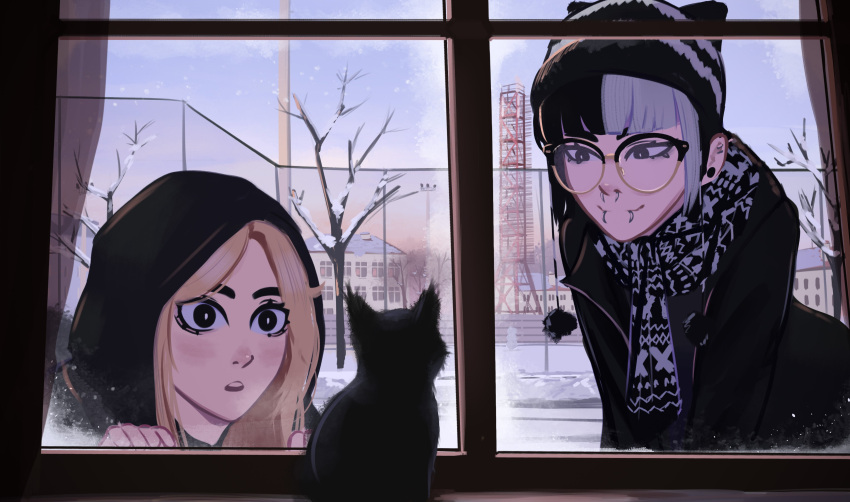 2girls, absurdres, bare_tree, beanie, black_coat, black_eyes, black_hair, blonde_hair
