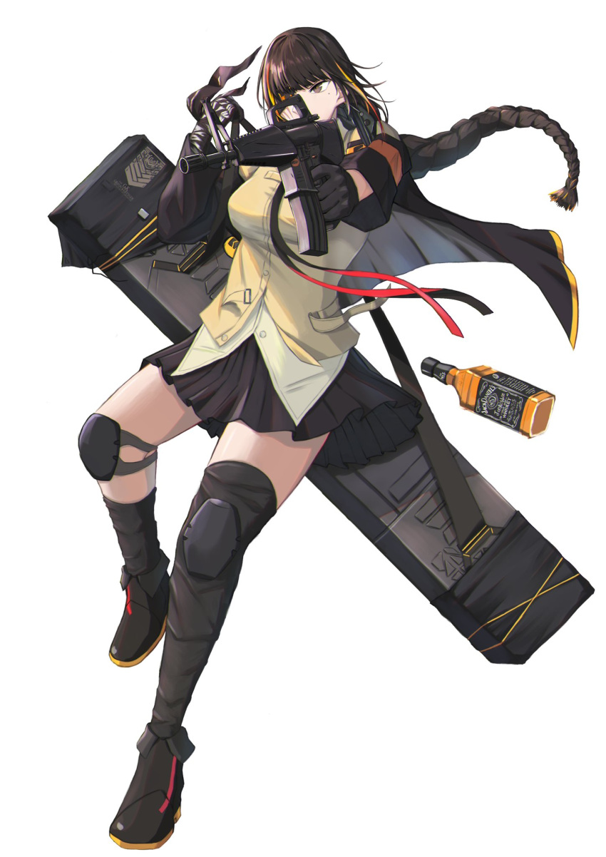 assault_rifle, black_gloves, black_jacket, brown_eyes, brown_hair, citrus7763, eyepatch, girls_frontline