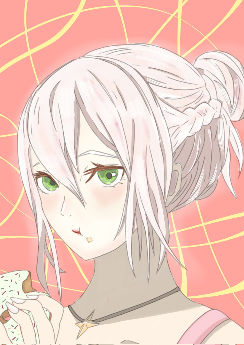 1girl, braid, crown_braid, crumbs, doughnut, effie_(fire_emblem), fingernails, fire_emblem