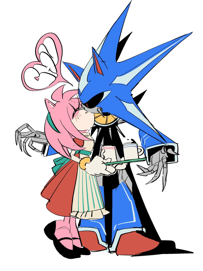 1boy, 1girl, ^_^, amy_rose, animal_nose, apron, aqua_hairband, armor