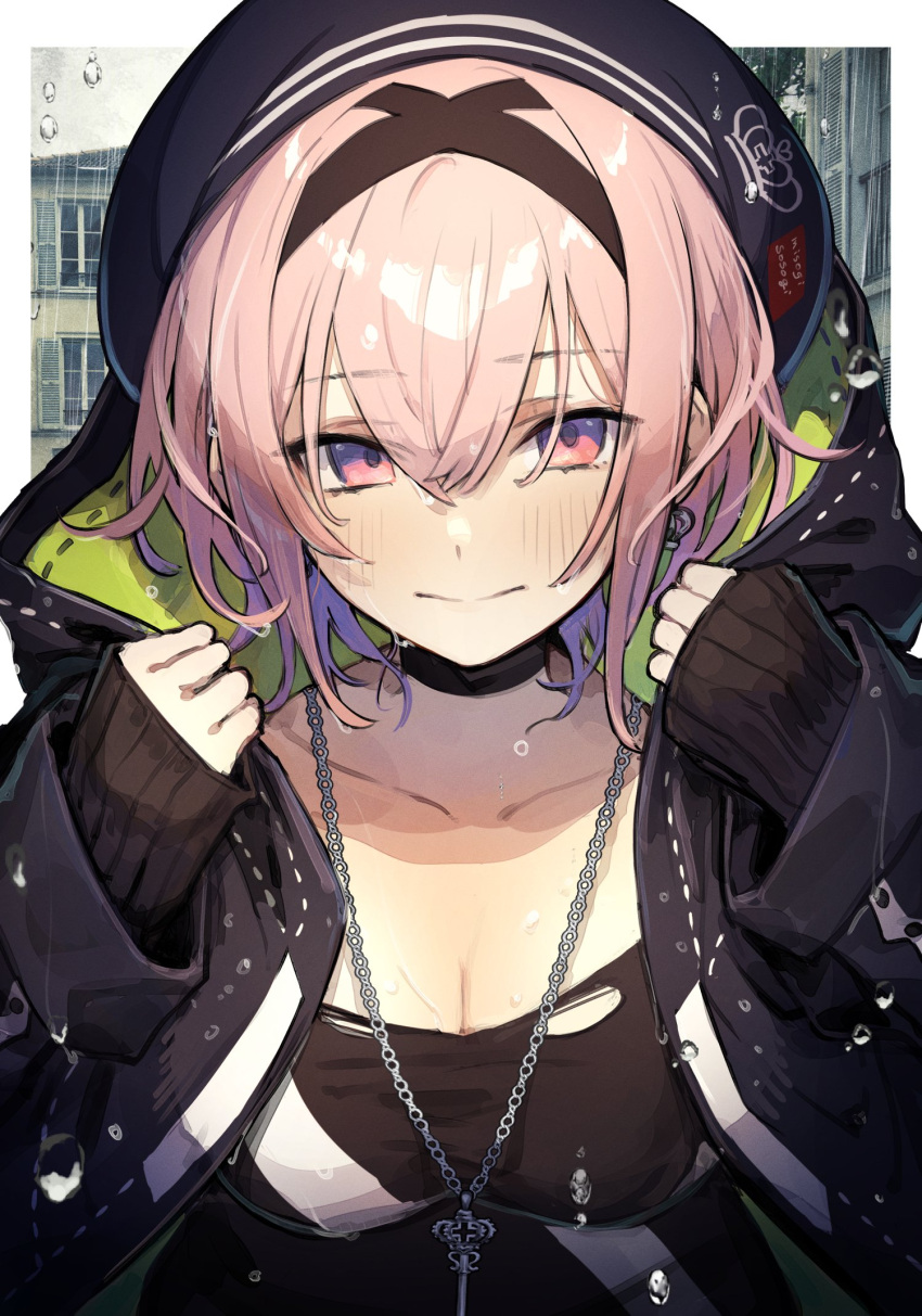 1girl, black_headwear, black_jacket, black_shirt, breasts, close-up, closed_mouth, earrings
