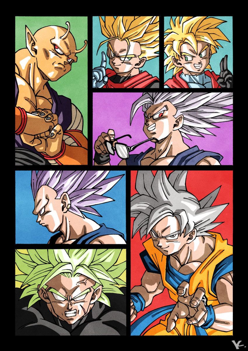 6+boys, black_bodysuit, blonde_hair, blue_background, blue_shirt, bodysuit, broly_(dragon_ball_super), cape