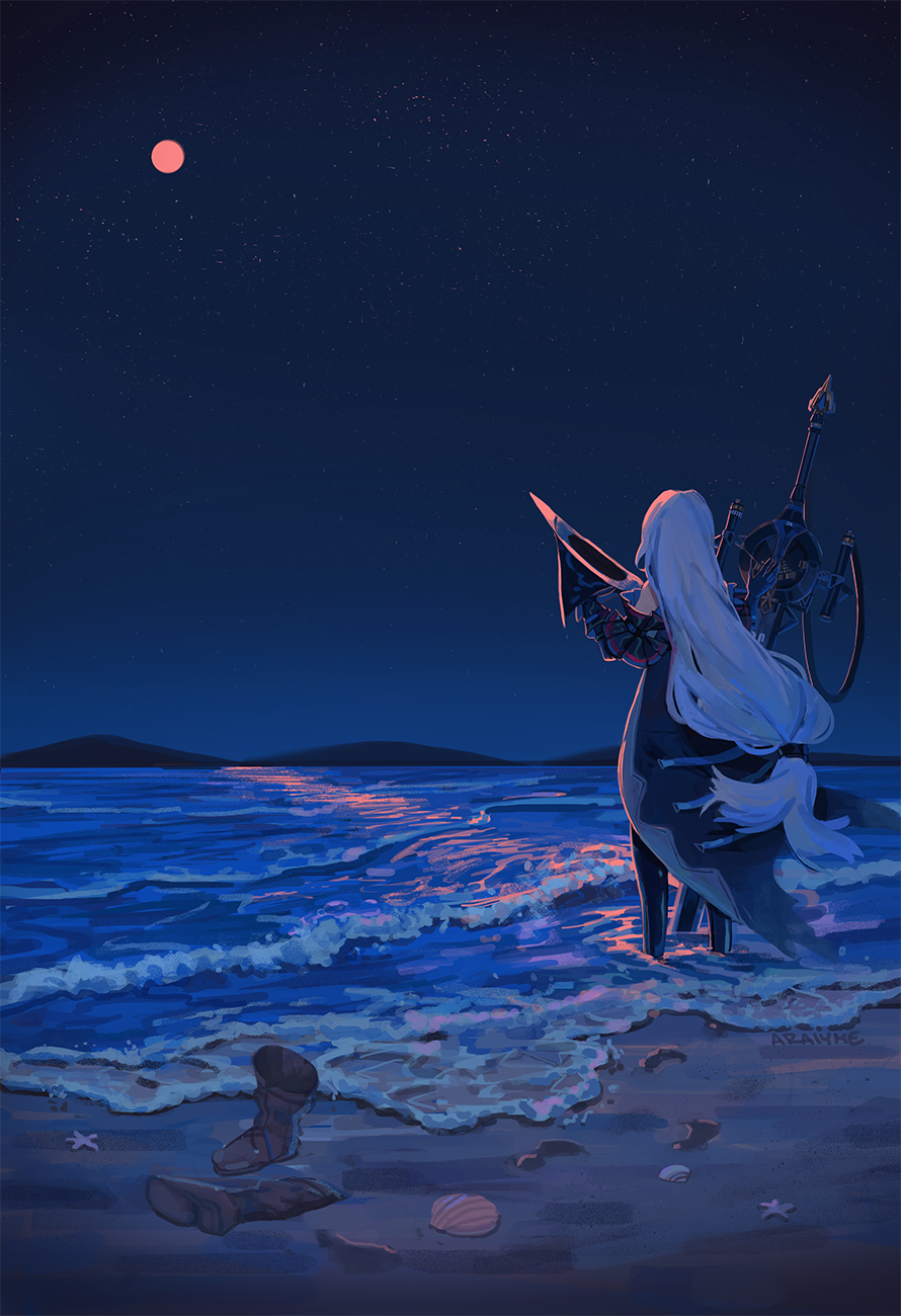 araiyme, arknights, bare_shoulders, boots, foaming_waves, from_behind, hat, highres, holding, holding_clothes, holding_hat, long_hair, low-tied_long_hair, moon, moonlight, mountainous_horizon, ocean, planted, planted_sword, red_moon, scenery, shell, shore, skadi_(arknights), sky, standing, star_(sky), starfish, starry_sky, sword, unworn_boots, very_long_hair, waves, weapon, white_hair, wide_shot