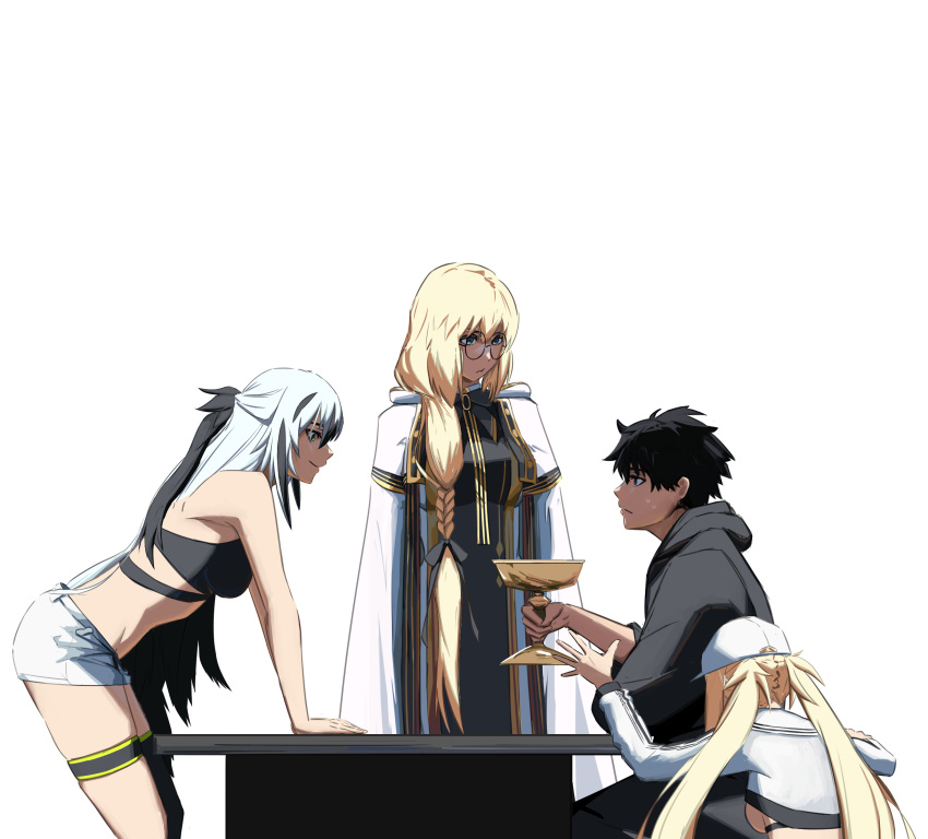 1boy, 3girls, artoria_caster_(fate), artoria_caster_(swimsuit)_(fate), artoria_caster_(swimsuit)_(first_ascension)_(fate), artoria_pendragon_(fate), baseball_cap, black_hair