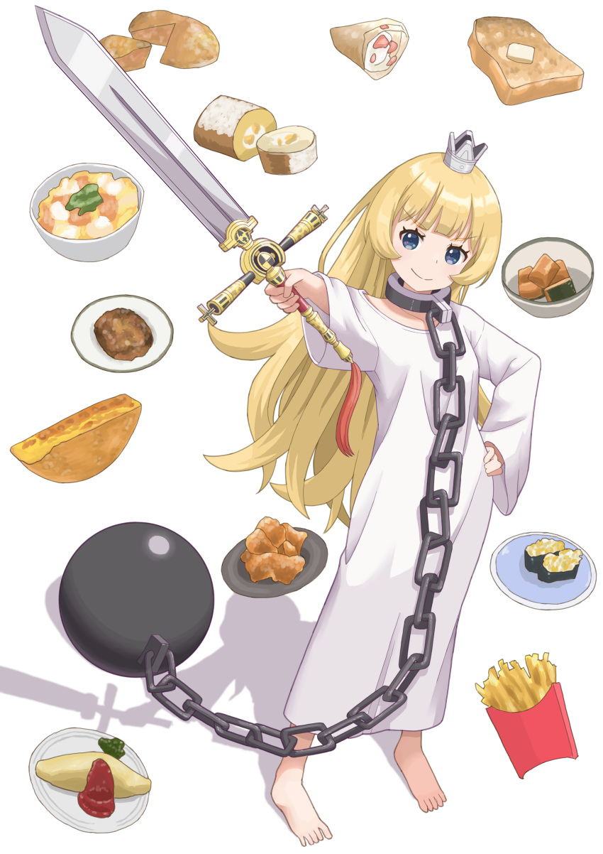 1girl, 1other, absurdres, ball_and_chain_restraint, barefoot, blonde_hair, blue_eyes, bowl, bread, bread_slice, closed_mouth, collar, crown, ex_(hime-sama_"goumon"_no_jikan_desu), eyebrows_hidden_by_hair, flat_chest, food, french_fries, full_body, hand_on_own_hip, highres, hime-sama_"goumon"_no_jikan_desu, hime_(hime-sama_"goumon"_no_jikan_desu), holding, holding_sword, holding_weapon, long_hair, metal_collar, mini_crown, omelet, pie, plate, qgkmn541, rags, simple_background, smile, sword, toast, very_long_hair, weapon, white_background