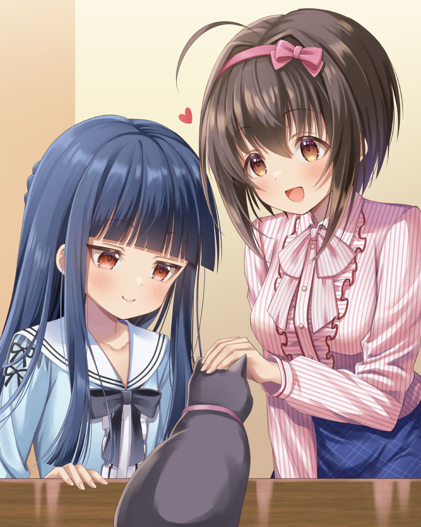 2girls, ahoge, black_cat, blue_bow, blue_bowtie, blue_hair, blue_ribbon, blue_shirt