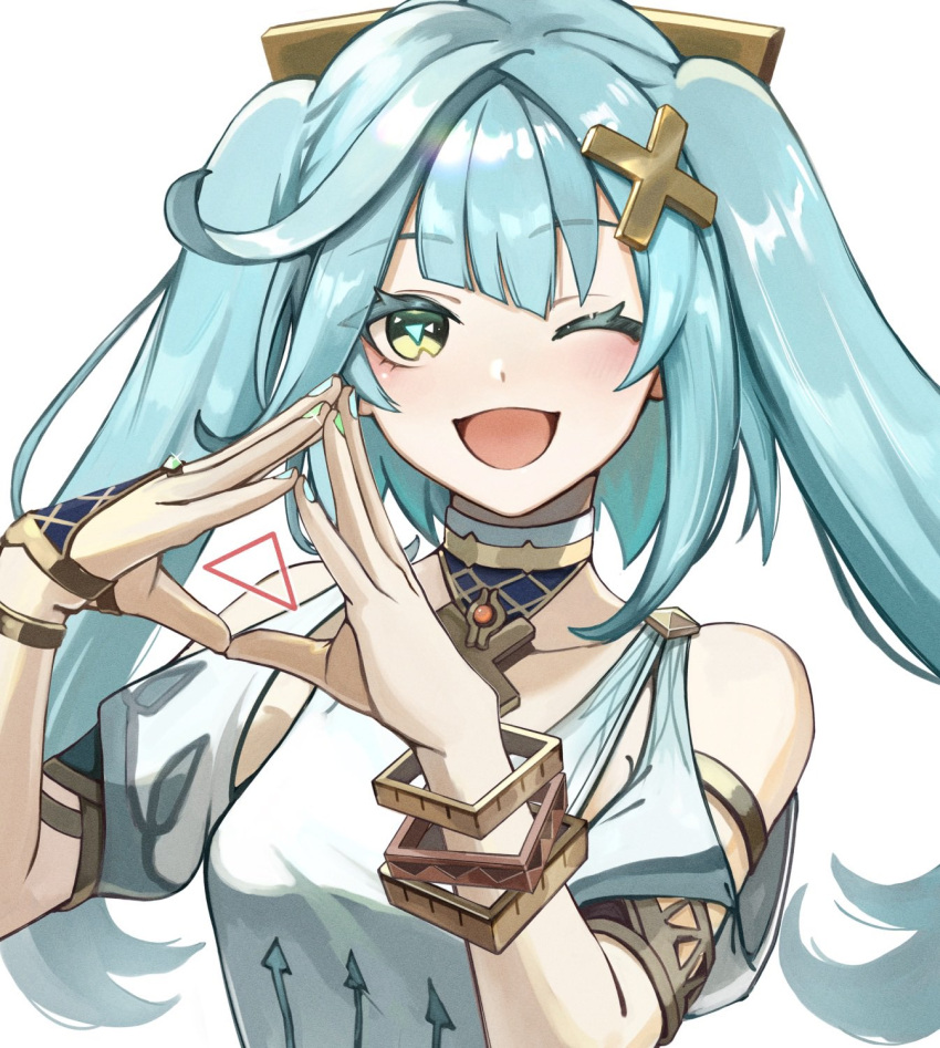 1girl, :d, bare_shoulders, blue_hair, blush, breasts, clothing_cutout, collarbone
