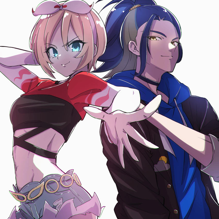 1boy, 1girl, adaman_(pokemon), adaman_(special_costume)_(pokemon), black_choker, blonde_hair, blue_eyes, blue_hair