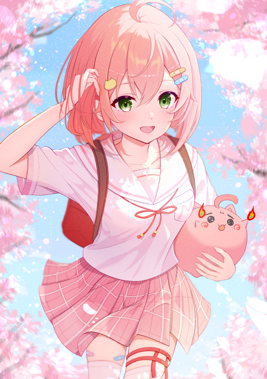 1girl, absurdres, adjusting_hair, ahoge, arm_up, backpack, bag, bandaid_on_thigh
