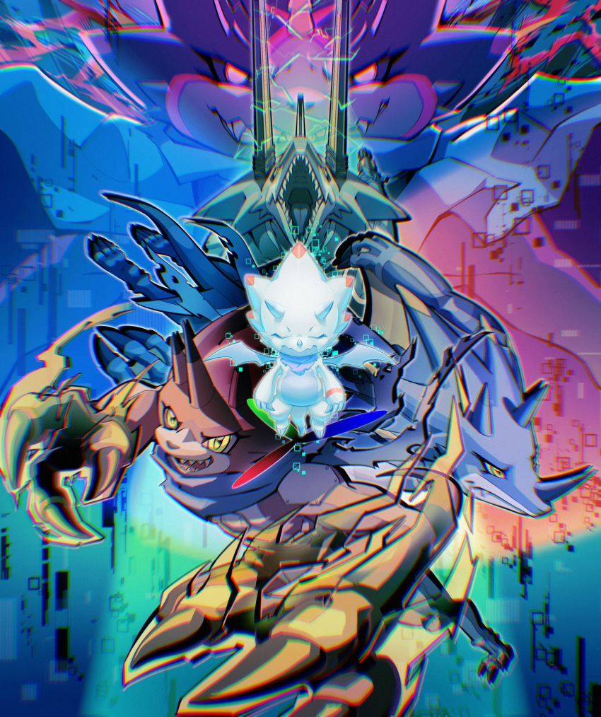 betelgammamon, black_sclera, black_skin, blue_cape, blue_skin, cannon, cape, closed_eyes, colored_sclera, colored_skin, digimon, digimon_ghost_game, dinosaur, dragon, gammamon, gulusgammamon, highres, horns, isei0212, kausgammamon, red_skin, sharp_teeth, teeth, tongue, triceratops, violet_eyes, wezengammamon, white_skin, wings, yellow_eyes