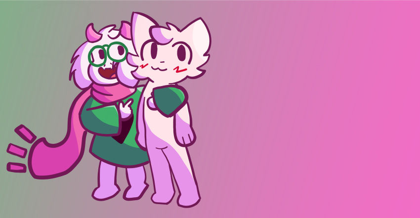1other, 2boys, absurdres, animal_ears, blush, boykisser, cat, cat_boy, deltarune, furry, furry_male, glasses, goat_boy, goat_ears, gradient_background, green-framed_eyewear, green_headwear, highres, horns, hug, looking_at_another, mauzymice, meme, multiple_boys, pink_scarf, pointing, ralsei, round_eyewear, scarf, simple_background, smile, standing, white_fur