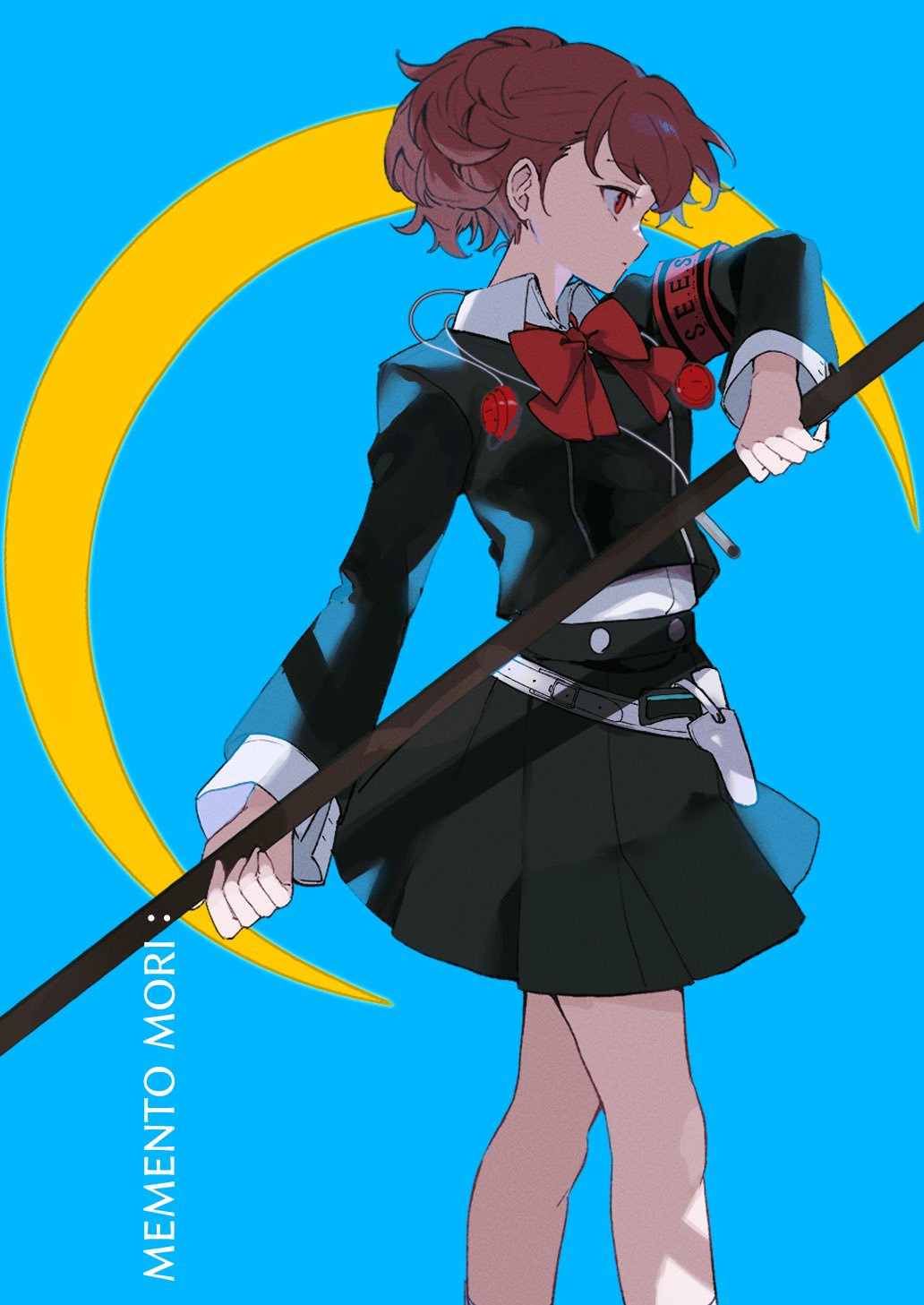 1girl, armband, belt, black_shirt, black_skirt, blue_background, bow, bowtie, brown_hair, collared_shirt, crescent_moon, feet_out_of_frame, from_side, hair_behind_ear, hair_between_eyes, half_updo, highres, holding, holding_staff, holster, holstered, layered_shirt, legs_apart, long_sleeves, m0rtalcoil0, miniskirt, moon, persona, persona_3, pleated_skirt, profile, red_armband, red_bow, red_bowtie, red_eyes, shiomi_kotone, shirt, short_hair, short_ponytail, simple_background, skirt, solo, staff, white_belt, white_shirt