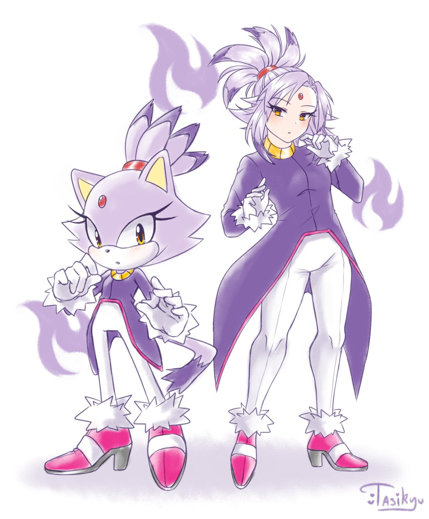 2girls, animal_ears, blaze_the_cat, cat_ears, cat_girl, cat_tail, forehead_jewel, fur-trimmed_footwear, fur-trimmed_gloves, fur_trim, furry, furry_female, gloves, gold_necklace, high_heels, highres, humanization, jacket, jewelry, multiple_girls, necklace, pants, pink_footwear, ponytail, purple_fur, purple_hair, purple_jacket, simple_background, sonic_(series), tail, tasikyu, white_gloves, white_pants, yellow_eyes