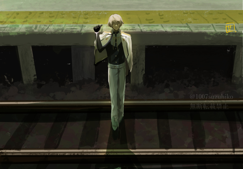 1boy, ^_^, artist_logo, artist_name, black_gloves, black_shirt, closed_eyes, closed_mouth