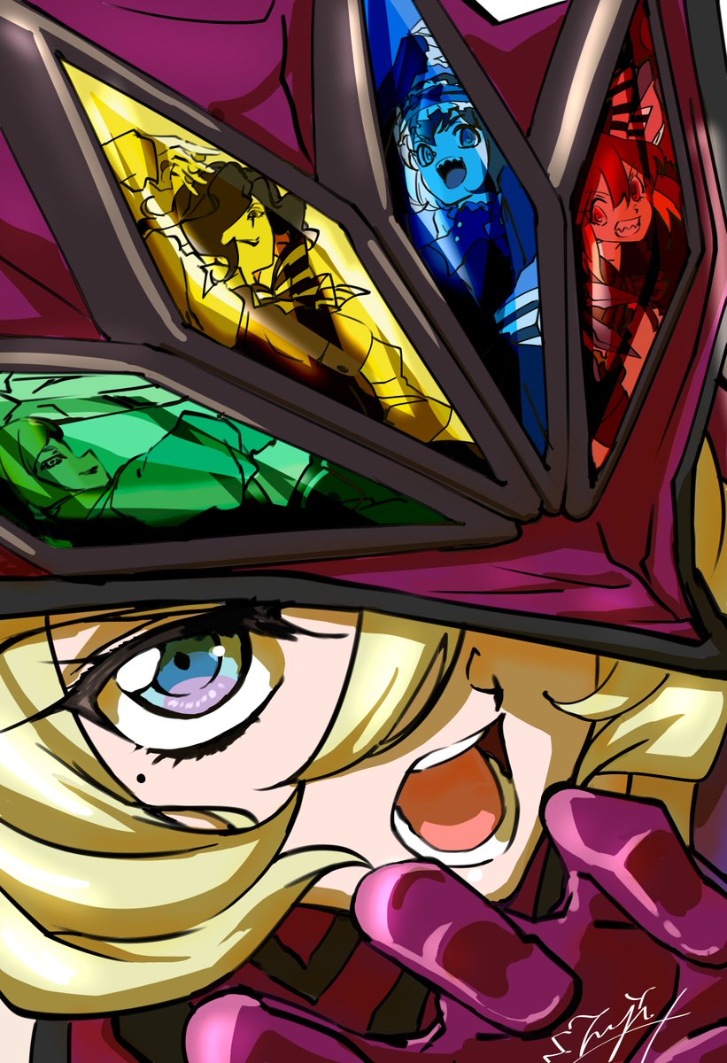 5girls, :d, arms_up, autoscorer, blonde_hair, blue_eyes, brown_hair, carol_malus_dienheim