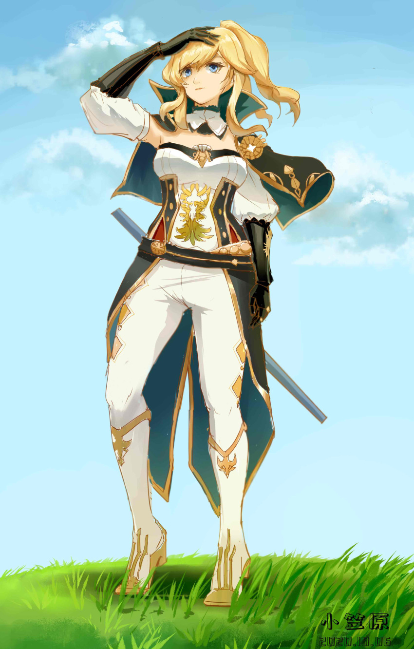 1girl, absurdres, arm_up, armpits, belt, black_gloves, black_shirt, blonde_hair, blue_eyes, blue_sky, cape, closed_mouth, clouds, cloudy_sky, detached_sleeves, elbow_gloves, full_body, genshin_impact, gloves, grass, green_cape, highres, jean_(genshin_impact), long_hair, outdoors, pants, ponytail, puffy_sleeves, sheath, sheathed, shirt, short_cape, sky, solo, standing, strapless, strapless_shirt, sword, weapon, white_pants, white_sleeves, yitian123