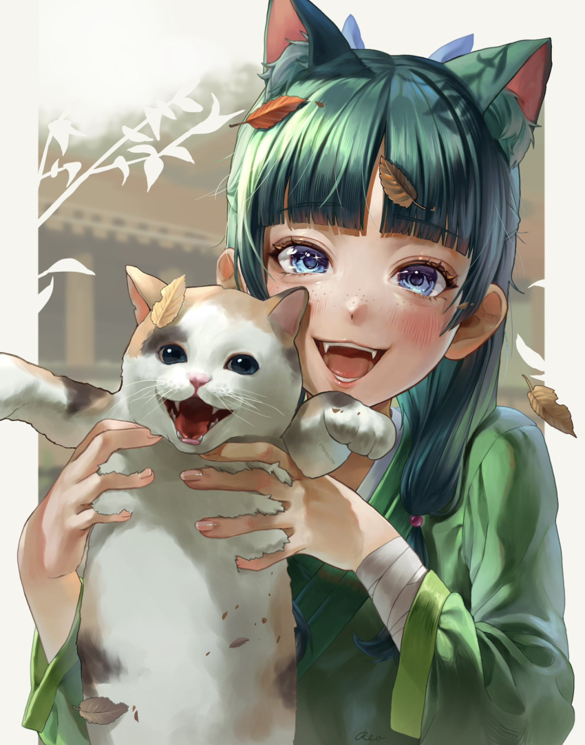 1girl, :d, animal, animal_ear_fluff, bandaged_arm, bandages, beads, blue_bow